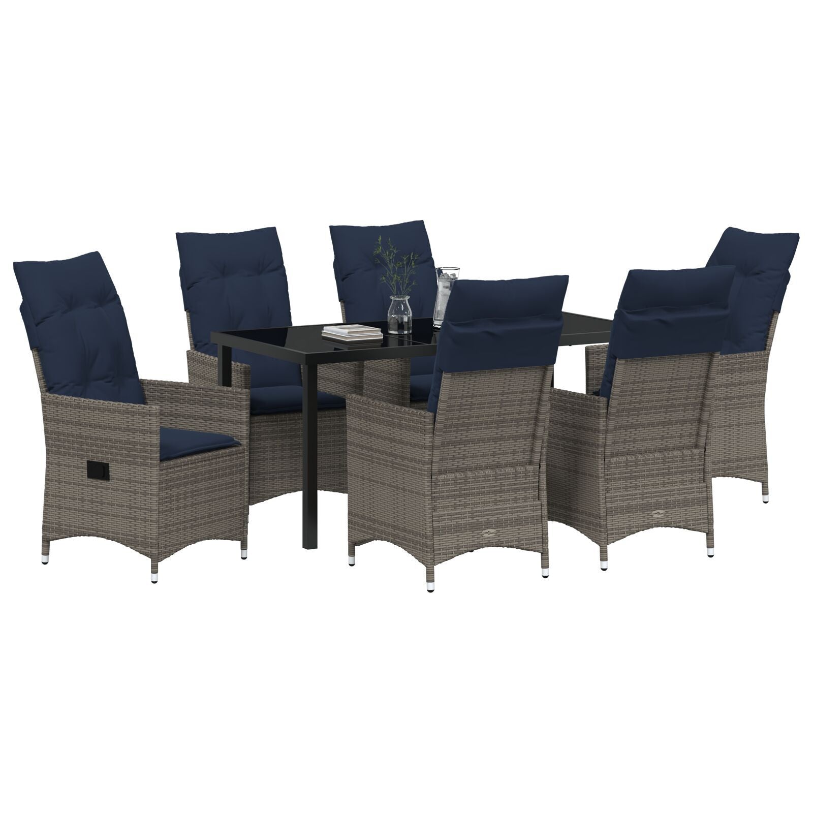 HKH Conjunto de Jantar de Jardim com 7 Peças e Almofadas em Rattan de Polietileno Cinza, HKH Mesa de Jardim Preta 160x80x73 Cm com Vidro Temperado - Bege