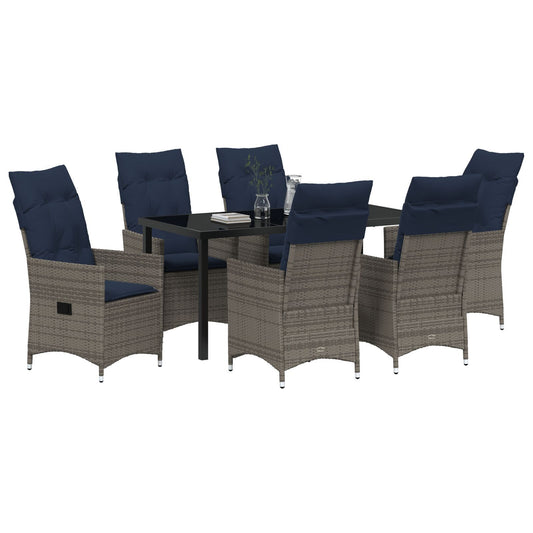 HKH Conjunto de Jantar de Jardim com 7 Peças e Almofadas em Rattan de Polietileno Cinza, HKH Mesa de Jardim Preta 160x80x73 Cm com Vidro Temperado - Bege