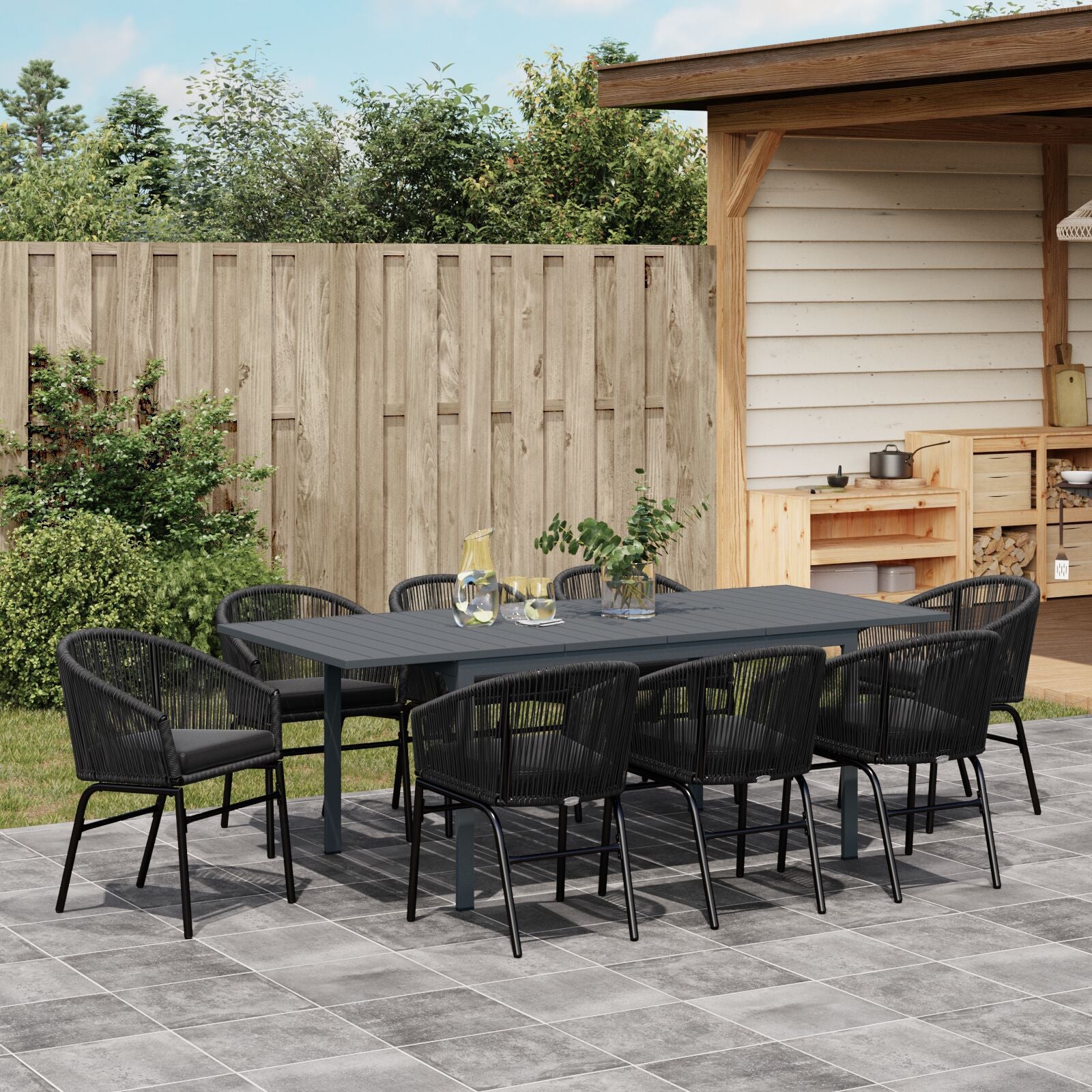 Conjunto de Jantar para Jardim HKH de 10 Peças com Almofadas Ráfia Sintética, Mesa de Jardim HKH Extendível Antacita (140-210)x90x73 Cm em Aço - Preto