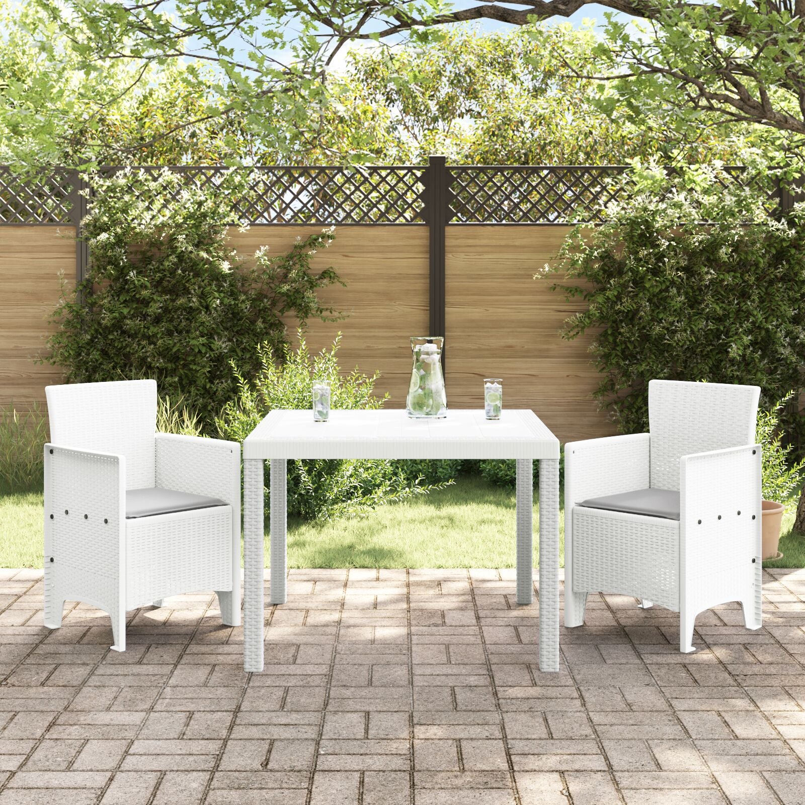 HKH Conjunto de Jantar de 3 Peças com Almofadas Rattan Plástico - Branco