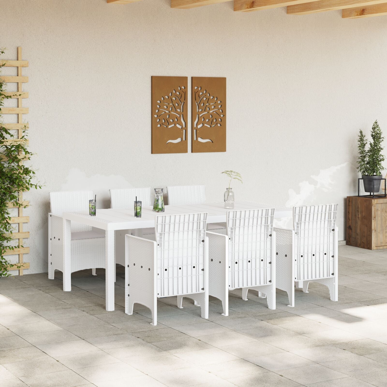 HKH Conjunto de Jantar de 7 Peças com Almofadas Poli Rattan - Branco