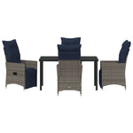Conjunto de Jantar HKH de 5 Peças com Almofadas em Rattan Cinza Poliéster, Mesa de Jardim HKH Preta 140x80x73 Cm em Vidro Temperado - Azul