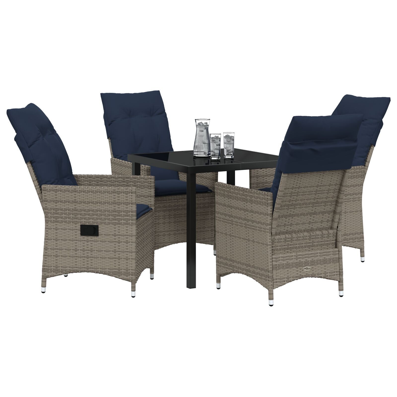 Conjunto de Jantar HKH de 5 Peças com Almofadas de Vime Cinza Polirattan, Mesa de Jardim HKH Preta 80x80x73 Cm com Vidro Temperado - Preto