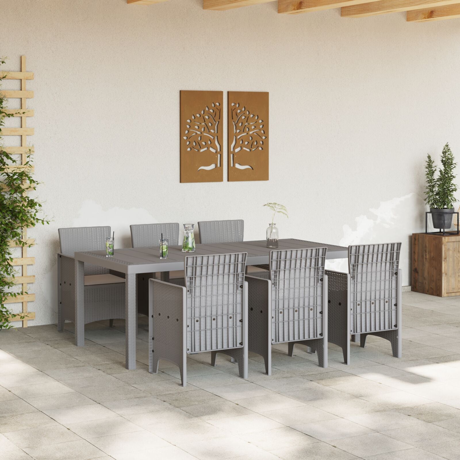 HKH Conjunto de Jantar de 7 Peças para Jardim com Almofadas Cinza Claro em Rattan Sintético - Cinzento