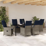 Conjunto de Jantar para Jardim HKH de 7 Peças com Almofadas de Rattan Poliéster Cinza, Mesa de Jardim HKH Preta 200x80x73 Cm com Vidro Temperado - Bege