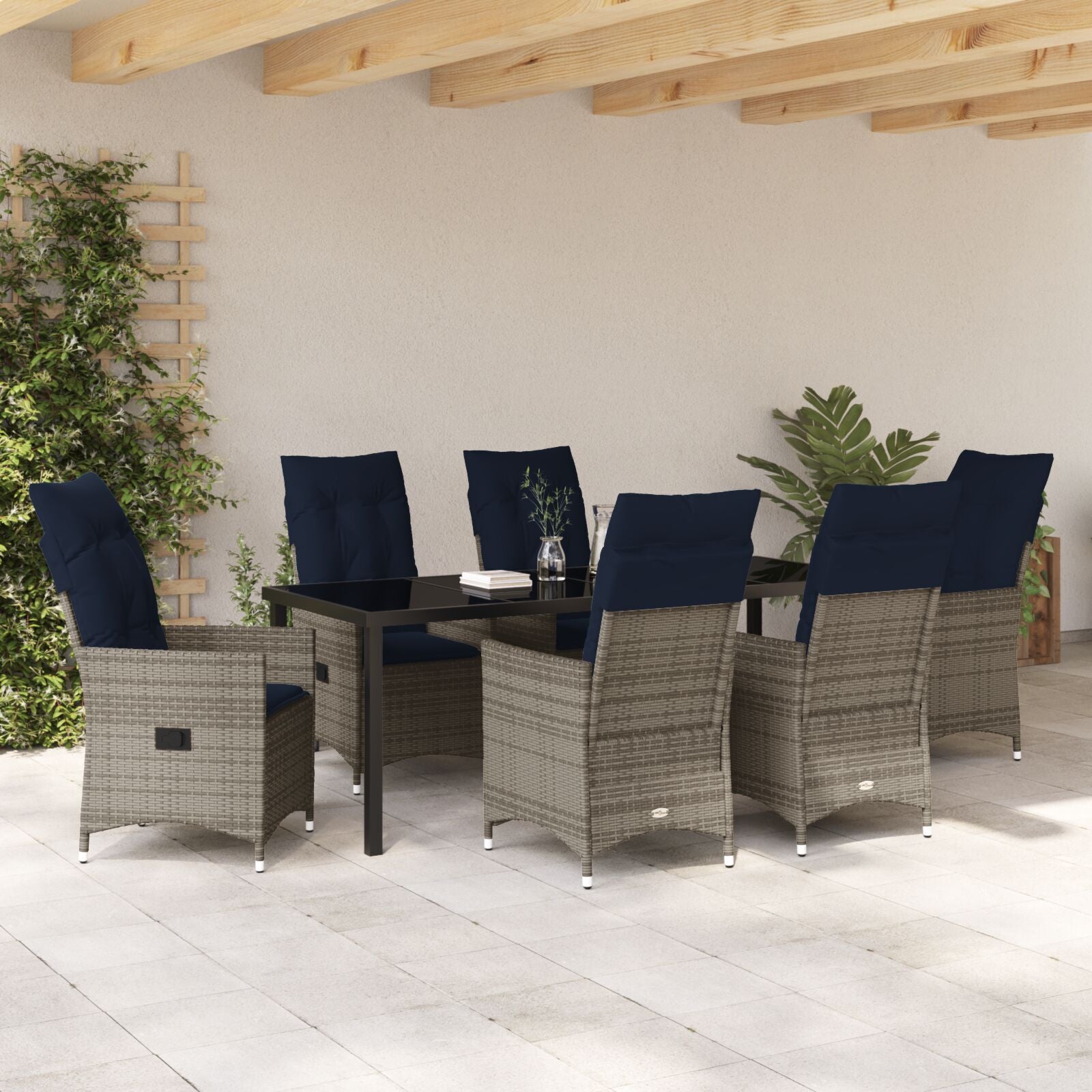 Conjunto de Jantar para Jardim HKH de 7 Peças com Almofadas de Rattan Poliéster Cinza, Mesa de Jardim HKH Preta 200x80x73 Cm com Vidro Temperado - Bege