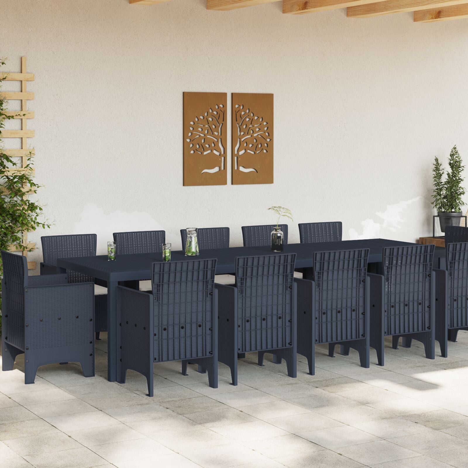 HKH Conjunto de Jantar para Jardim com 13 Peças e Almofadas em Polirattan , Mesa de Jardim HKH 150x100x73 Cm Polirattan, Cadeiras de Jardim HKH com Almofadas 4 Pcs Polirattan - Antracite