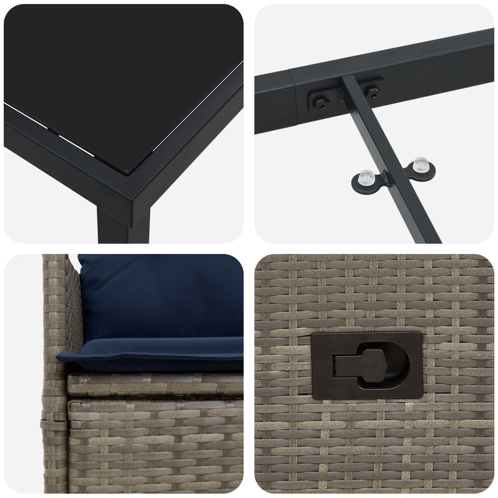 Conjunto Jantar Jardim 7 Peças Almofadas Rattan Poliéster Cinza Hkh, Mesa Jardim Preta 200x80x73 Cm com Vidro Temperado HKH - Bege