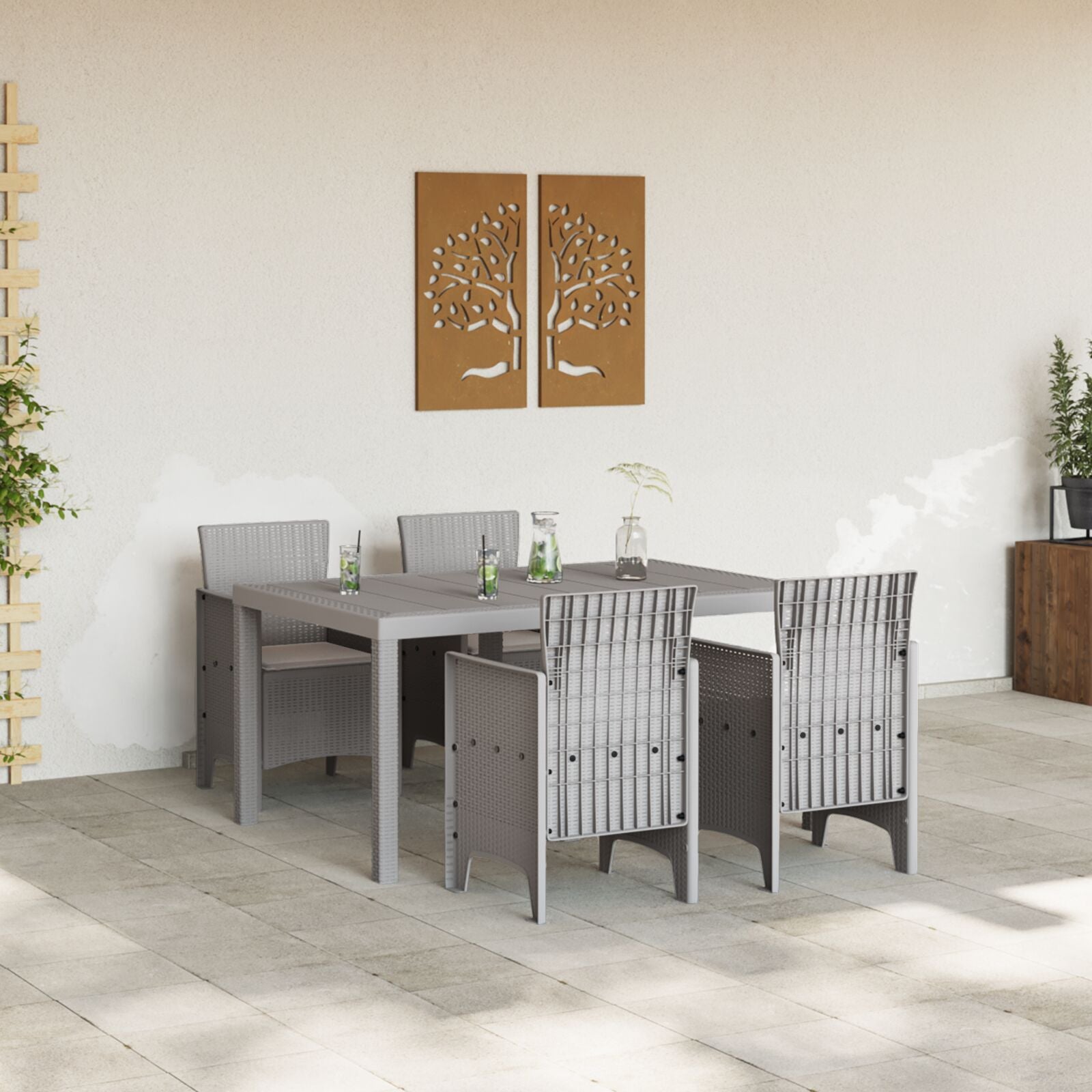 HKH Conjunto de Jantar de Jardim 5 Peças Cinza Claro em Rattan Pe - Cinzento