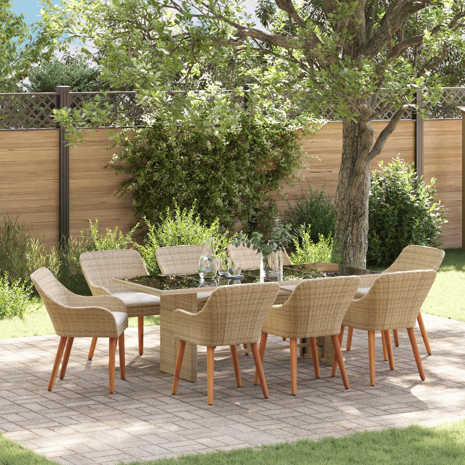 HKH Conjunto de Comedor de Jardín de 9 Piezas de Ratán Sintético - Beige