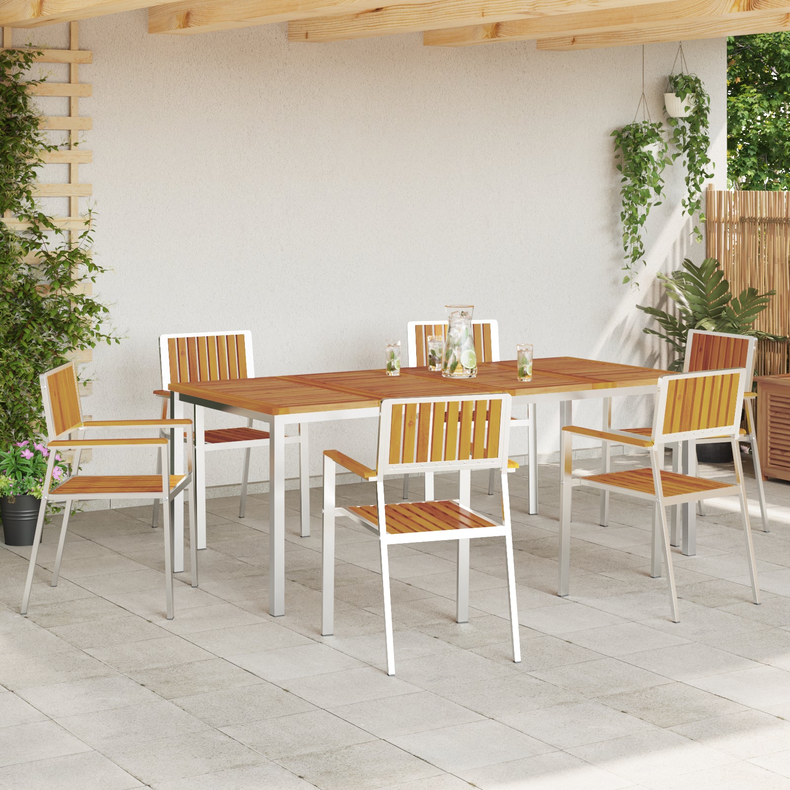 HKH Conjunto de Jantar de Jardim de 7 Peças em Madeira Maciça de Acácia com Mesa de Jantar 200x90x74.5 Cm + 2 Cadeiras Empilháveis  + 4 Cadeiras Empilháveis - Castanho