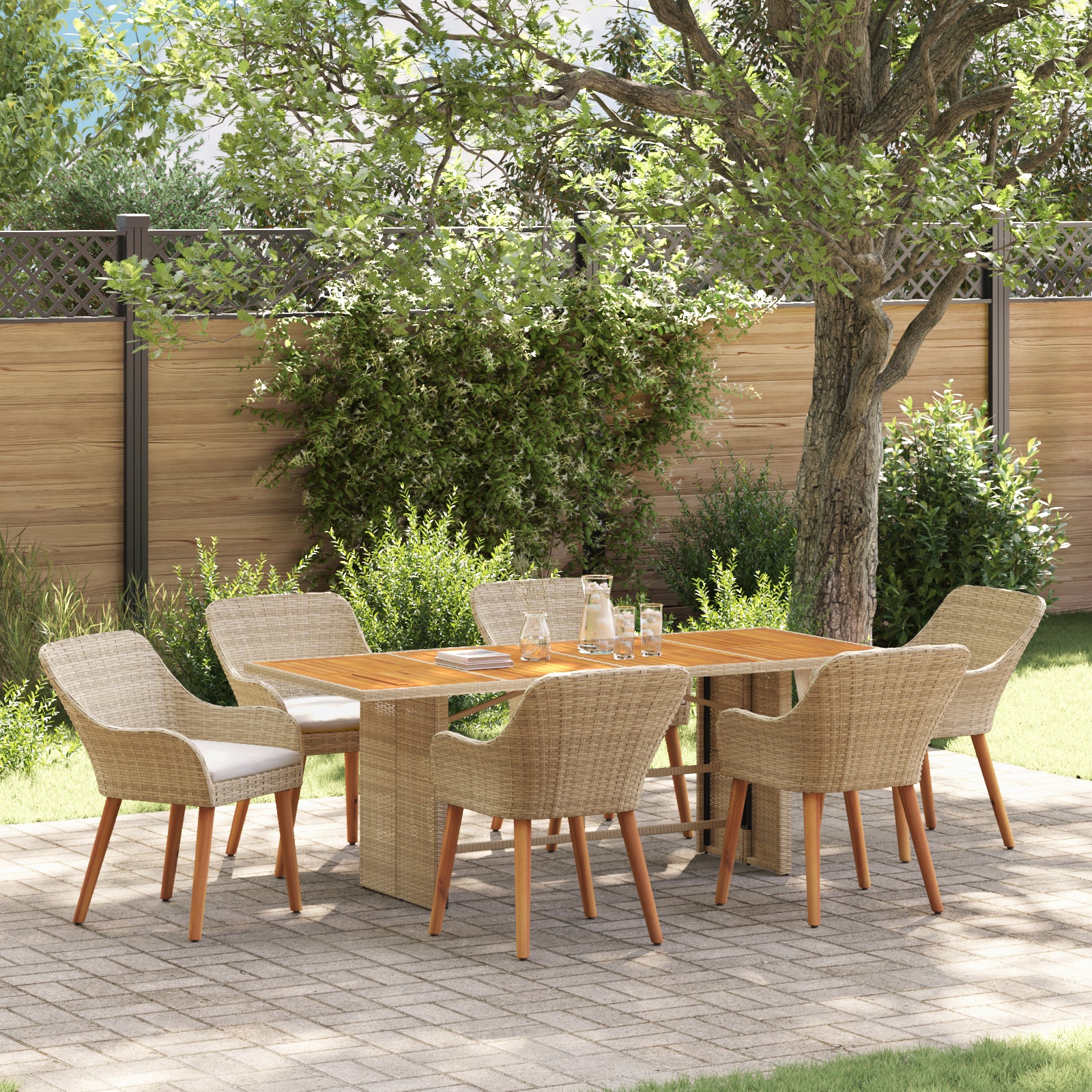 HKH Conjunto de Jantar de Jardim 7 Peças Rattan Poliéster - Bege