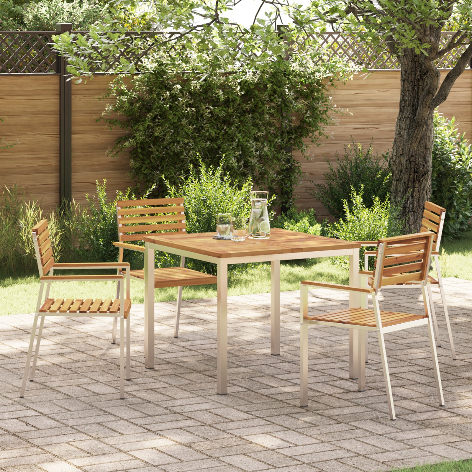 Conjunto de Jantar de 5 Peças de Madeira Sólida de Acácia Hkh, Mesa de Jantar Ao Ar Livre 90x90x74.5 Cm de Madeira Sólida de Acácia Hkh, Cadeiras de Jardim Empilháveis 4 Pcs de Madeira Sólida de Acácia e Aço HKH - Castanho