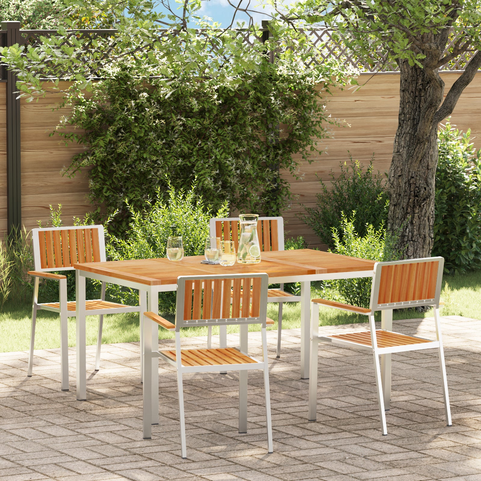Conjunto de Jantar de Jardim HKH de 5 Peças em Madeira Sólida de Teca, Mesa de Jantar Externa HKH 150x90x75 Cm em Madeira Sólida de Teca, Cadeiras de Jardim Empilháveis HKH 4 Pcs em Madeira Sólida de Teca e Metal - Bege