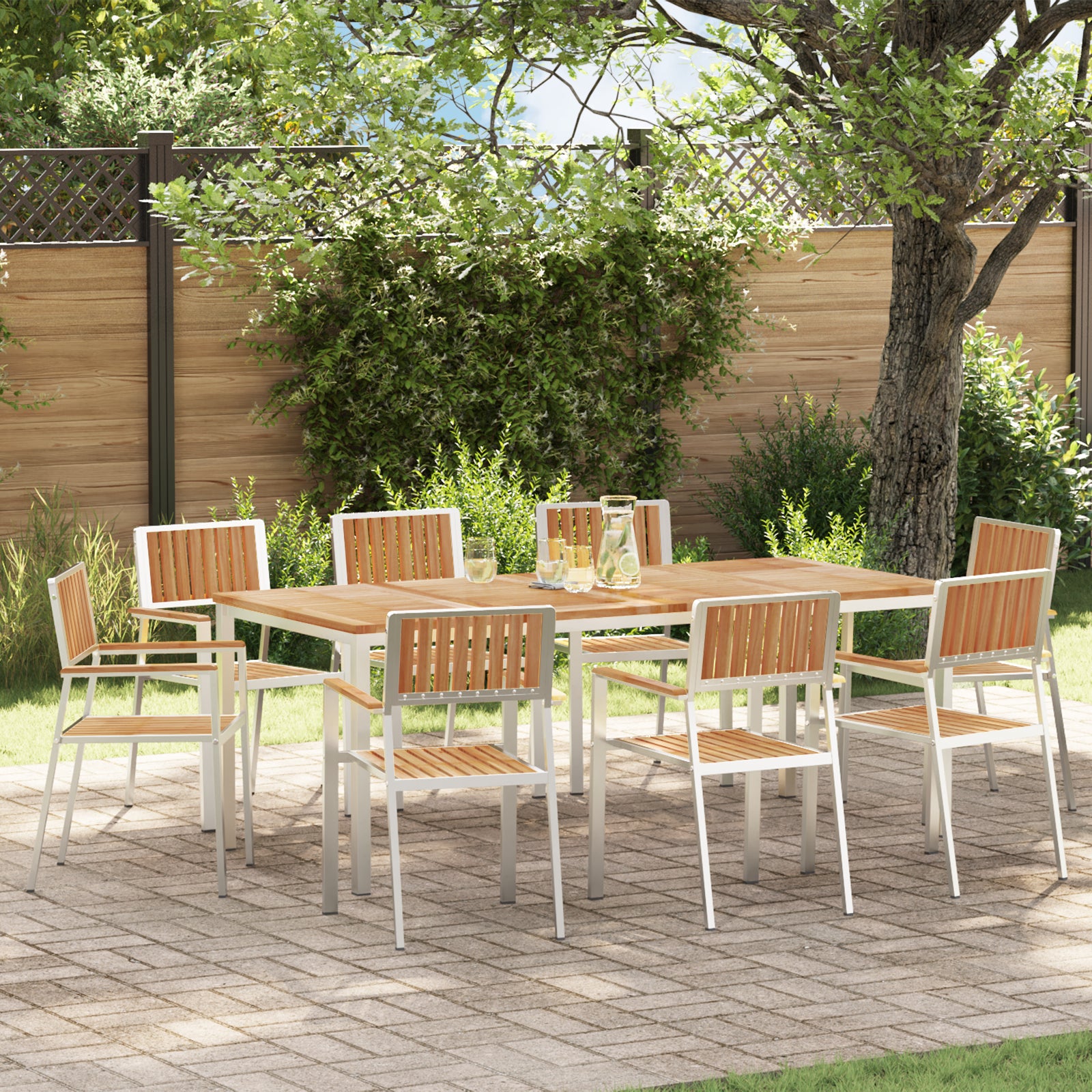 Conjunto de Jantar de Jardim HKH de 9 Peças de Madeira Maciça de Teca, Mesa de Jantar Externa HKH 200x90x74,5 Cm de Madeira Maciça de Teca, Cadeiras de Jardim Empilháveis HKH 4 Pcs de Madeira Maciça de Teca e Metal - Branco