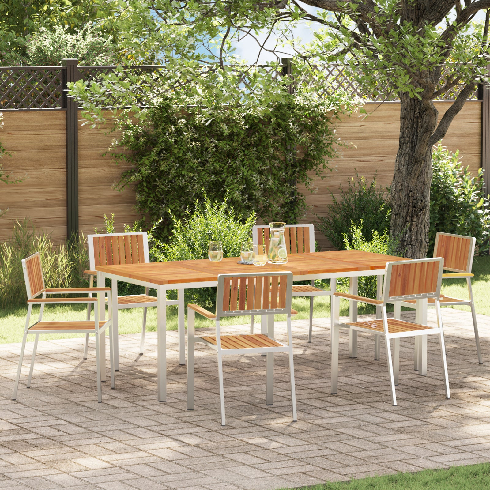 HKH Conjunto de Jantar de Jardim de 7 Peças em Madeira Maciça de Acácia com Mesa de Jantar 200x90x74.5 Cm + 2 Cadeiras Empilháveis  + 4 Cadeiras Empilháveis - Castanho