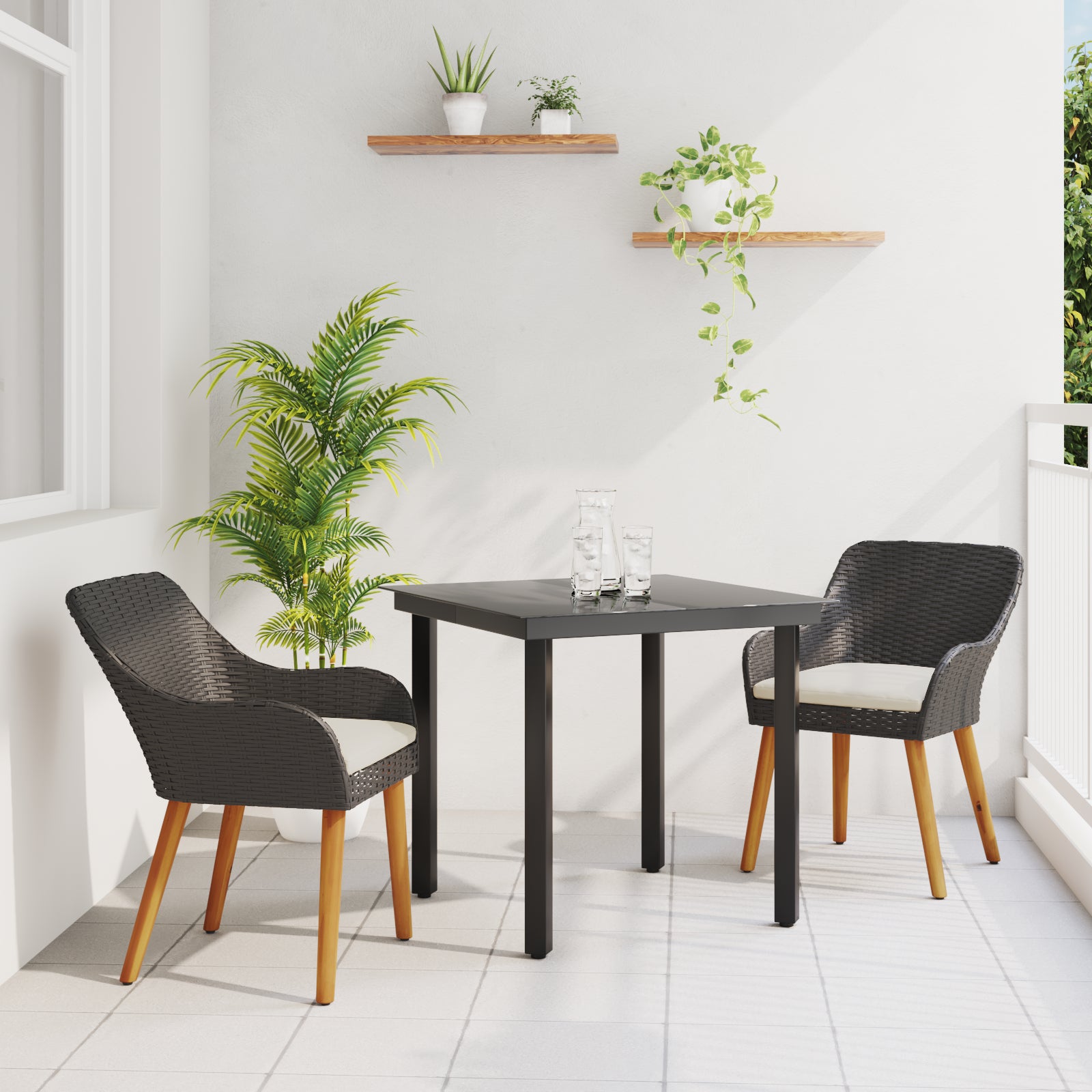 HKH Conjunto de Comedor de Jardín de 3 Piezas de Ratán de Poliéster - Negro