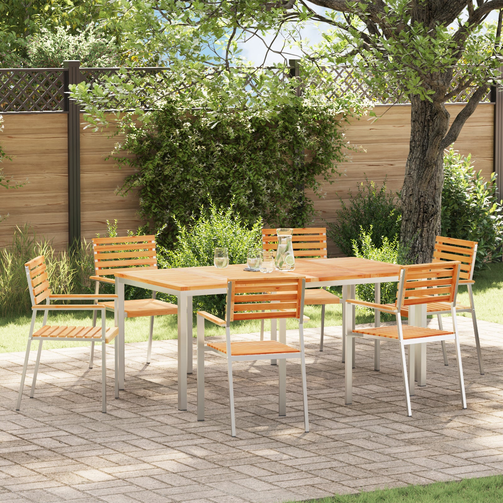 HKH Conjunto de Jantar de Jardim de 7 Peças em Madeira Sólida de Teca com Mesa de Jantar Externa 180x90x75 Cm + 2 Cadeiras Empilháveis + 4 Cadeiras Empilháveis - Castanho