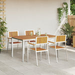 Conjunto de Jantar de 5 Peças de Jardim HKH em Madeira de Acácia, Mesa de Jantar Externa HKH 150x90x75 Cm em Madeira de Acácia, Cadeiras de Jardim Empilháveis HKH 4 Pcs em Madeira de Acácia e Metal - Castanho