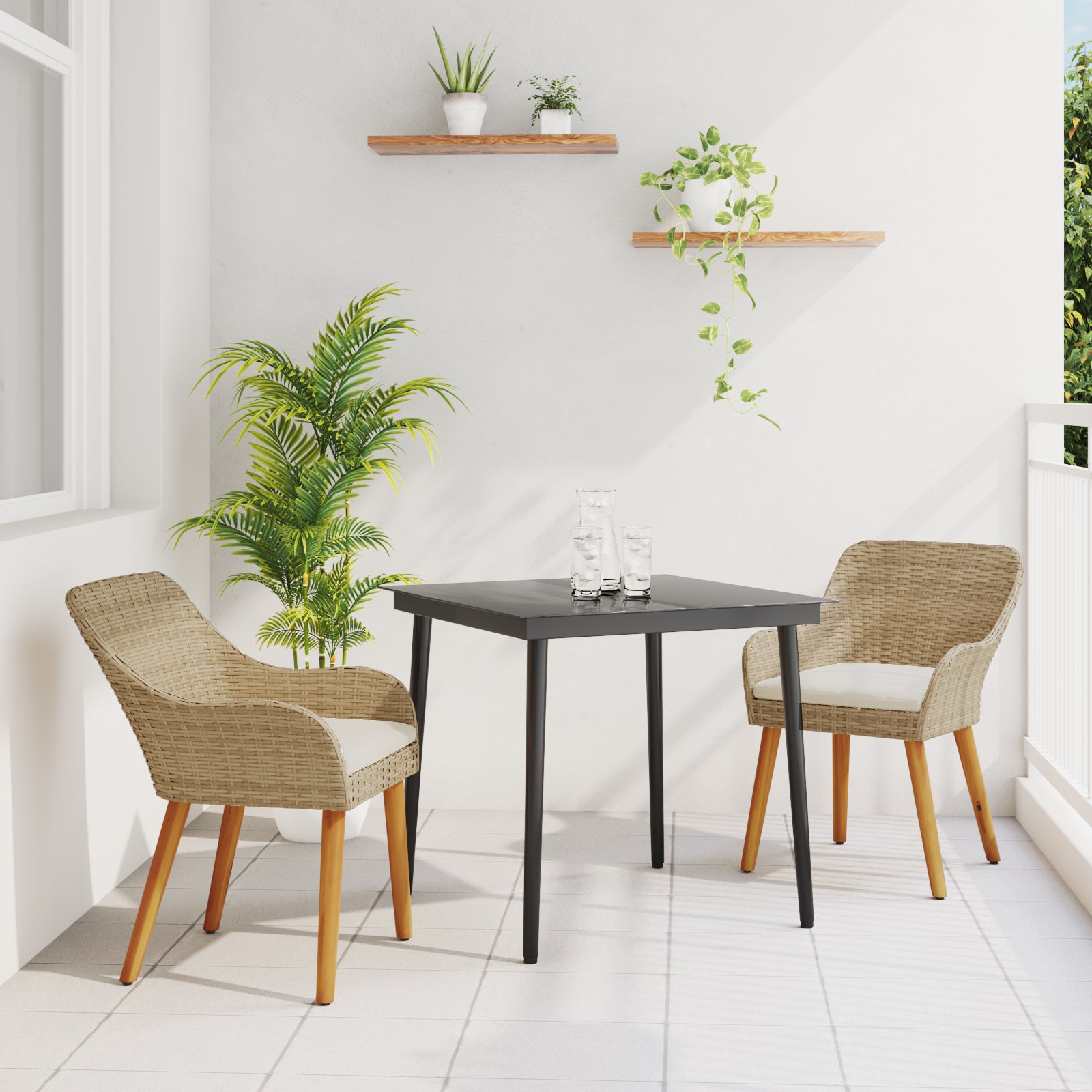 HKH Juego de Comedor de 3 Piezas de Ratán Poliéster - Beige