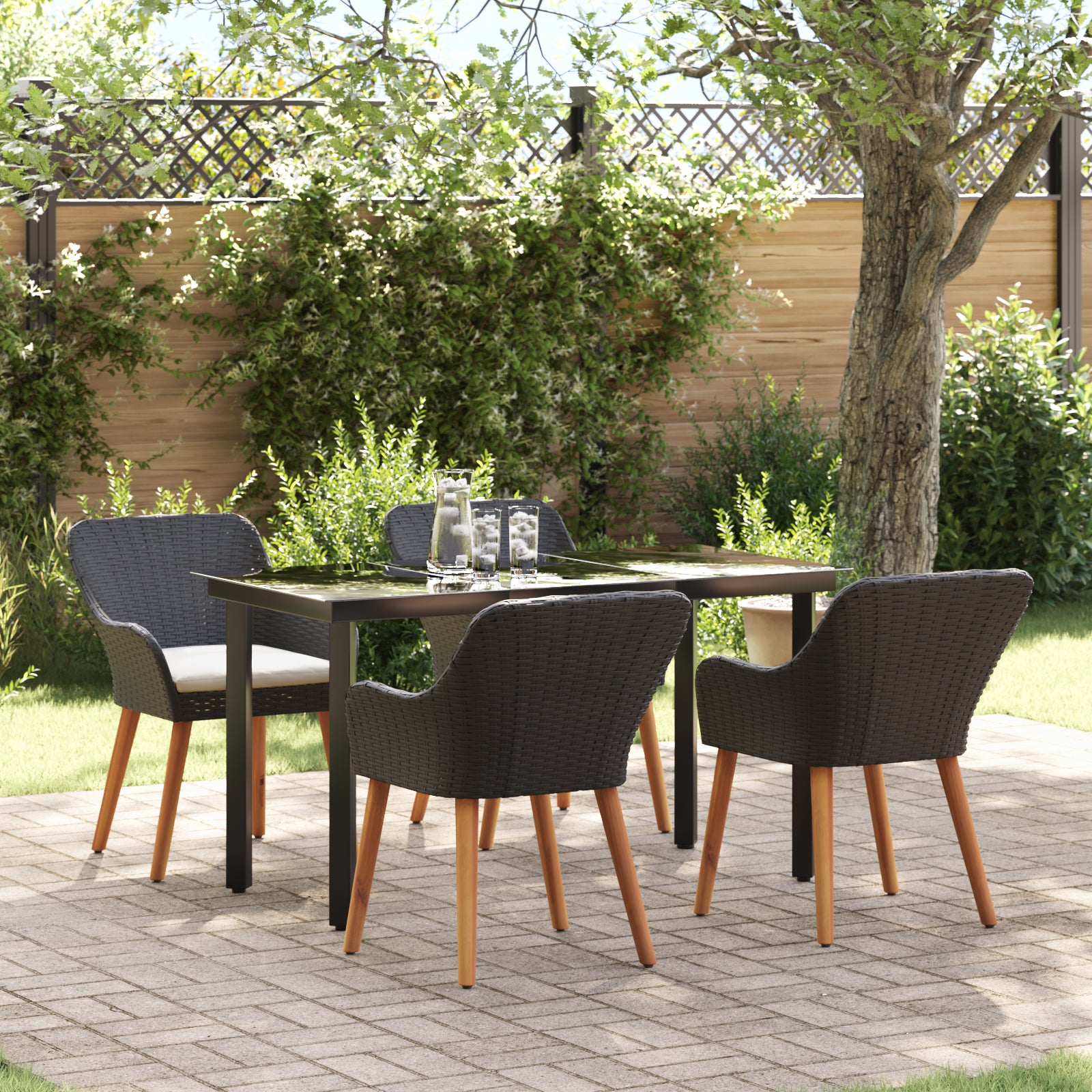 HKH Juego de Comedor de Jardín de 5 Piezas Ratán Sintético - Negro