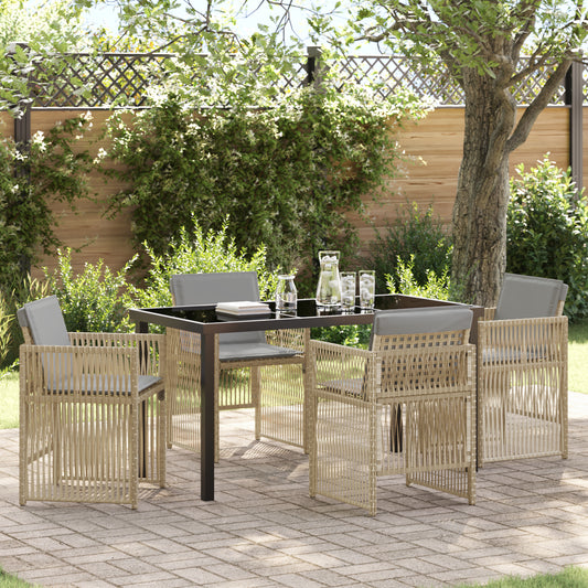 Conjunto de Jantar para Jardim HKH de 5 Peças com Almofadas em Rattan Poly , Mesa de Jardim HKH em Preto 140x80x73 Cm com Vidro Temperado - Bege