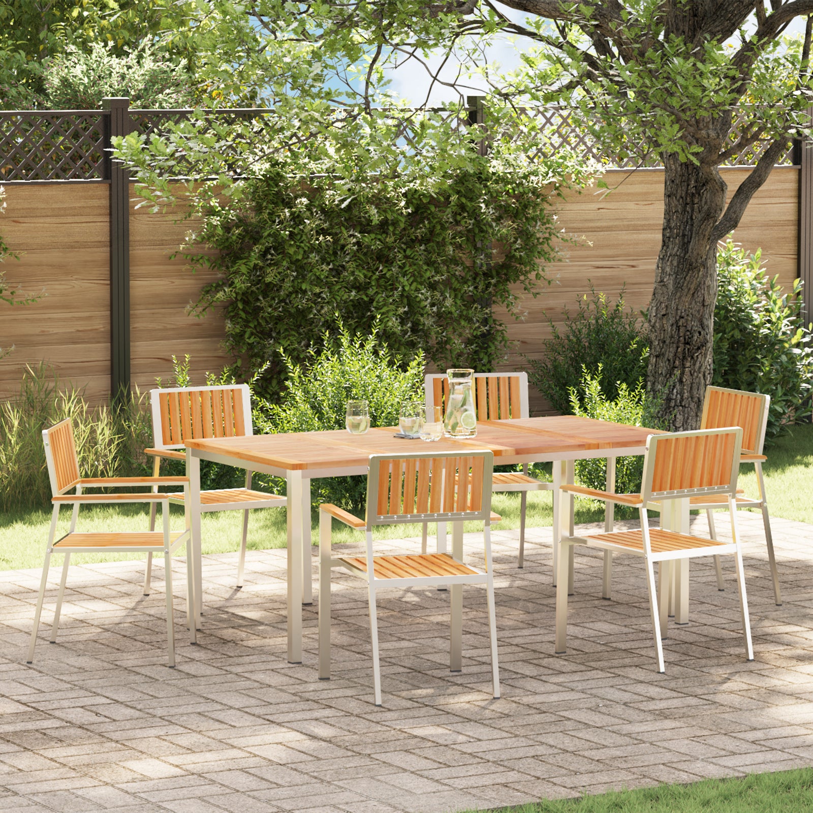 HKH Conjunto de Jantar de Jardim de 7 Peças em Madeira Sólida de Teca com Mesa de Jantar 180x90x75 Cm + 2 Cadeiras Empilháveis + 4 Cadeiras Empilháveis - Bege