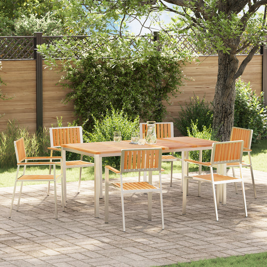 HKH Conjunto de Jantar de Jardim de 7 Peças em Madeira Sólida de Teca com Mesa de Jantar 180x90x75 Cm + 2 Cadeiras Empilháveis + 4 Cadeiras Empilháveis - Bege