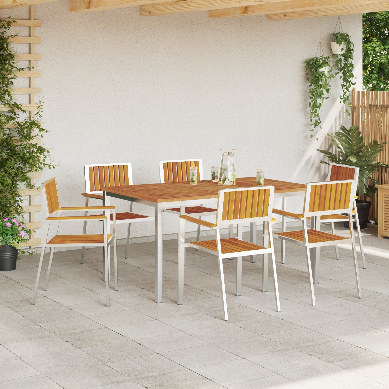 HKH Conjunto de Jantar de Jardim de 7 Peças em Madeira Sólida de Acácia com Mesa de Jantar 150x90x75 Cm + 2 Cadeiras Empilháveis + 4 Cadeiras Empilháveis - Castanho