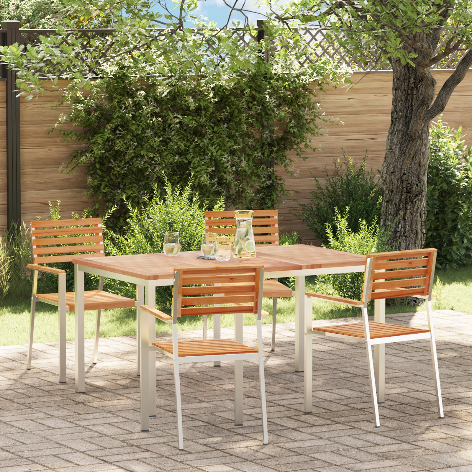 Conjunto de Jantar de Jardim HKH de 5 Peças Madeira Sólida de Teca, Mesa de Jantar Ao Ar Livre HKH 150x90x75 Cm Madeira Sólida de Teca, Cadeiras de Jardim Empilháveis HKH 4 Pcs Madeira Sólida de Teca e Aço - Castanho