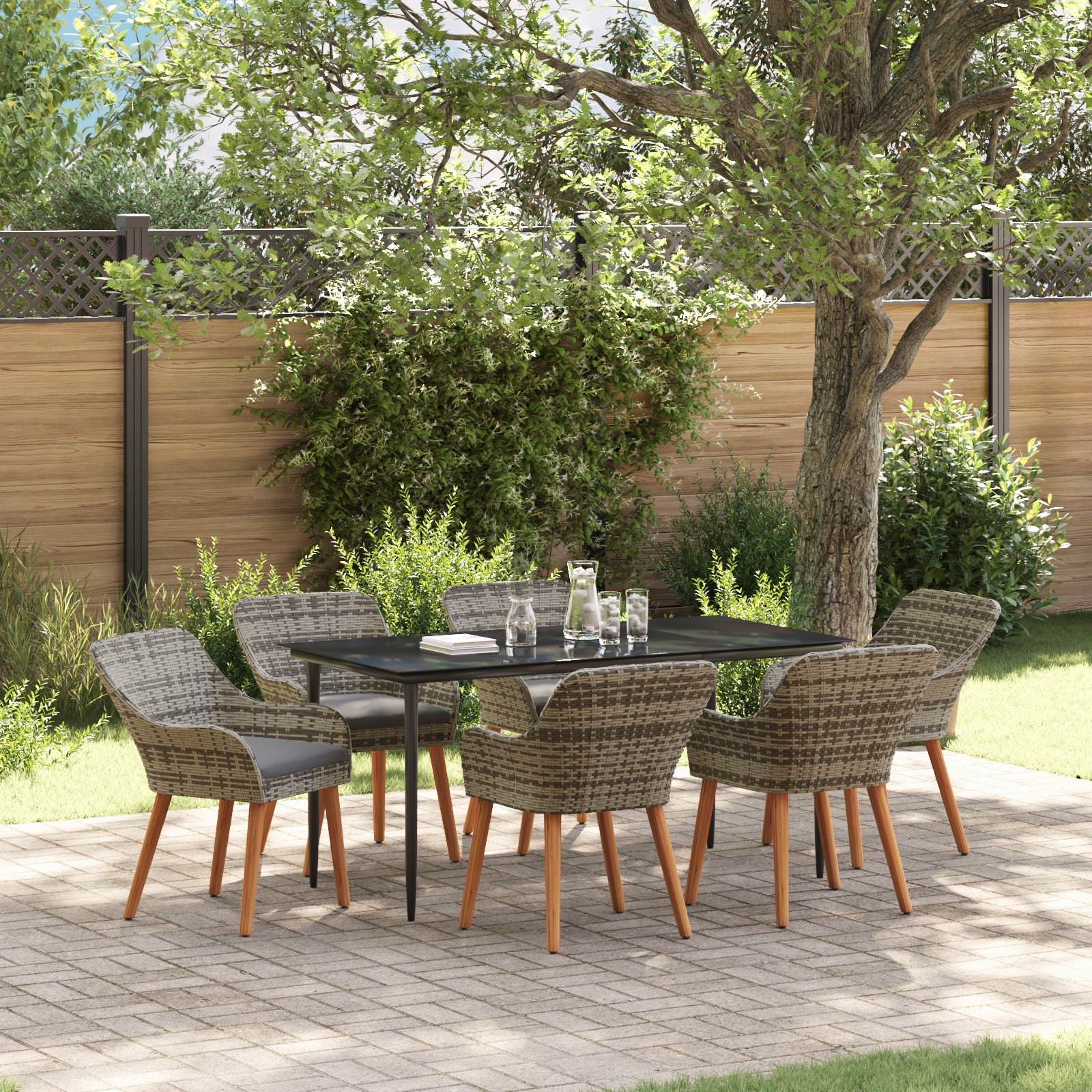 HKH Conjunto de Comedor de Jardín de 7 Piezas de Ratán Gris - Gris