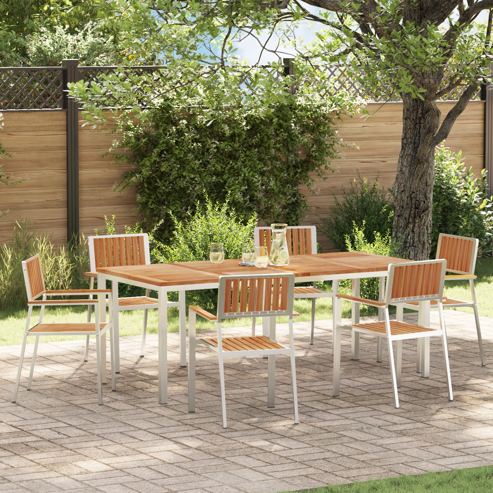HKH Conjunto de Jantar de Jardim de 7 Peças + Mesa de Jantar200x90x74.5 Cm + 2 Cadeiras Empilháveis + 4 Cadeiras Empilháveis - Castanho
