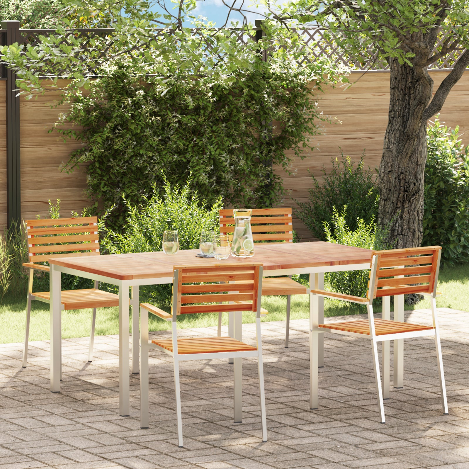 Conjunto de Jantar de 5 Peças HKH Madeira Sólida de Teca, Mesa de Jantar Ao Ar Livre HKH 180x90x75 Cm Madeira Sólida de Teca, Cadeiras de Jardim Empilháveis HKH 4 Pcs Madeira Sólida de Teca e Aço - Castanho