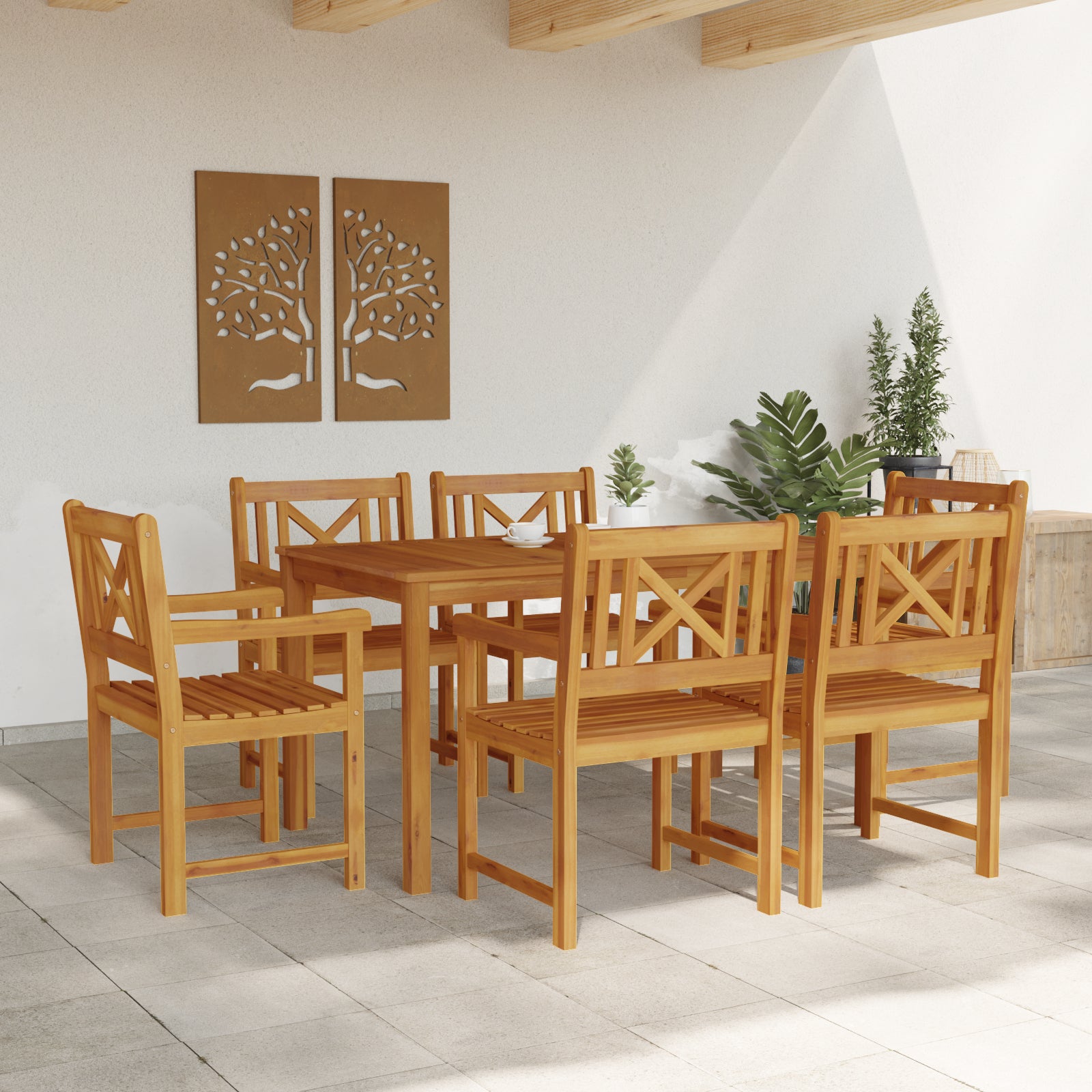 HKH Conjunto de Jantar de Jardim 7 Peças de Madeira Sólida de Acácia - Castanho
