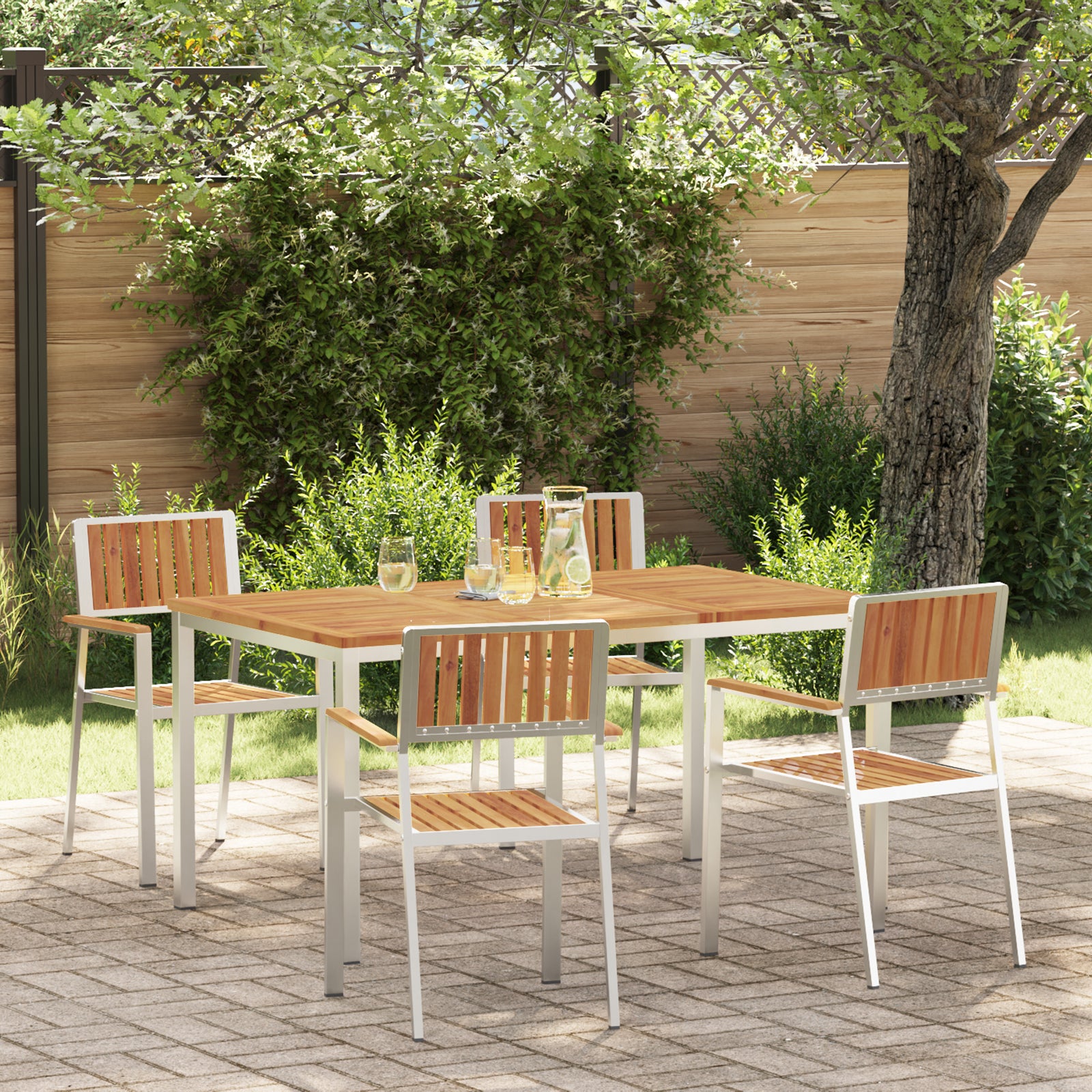 Conjunto de Jantar de 5 Peças de Jardim HKH em Madeira de Acácia, Mesa de Jantar Externa HKH 150x90x75 Cm em Madeira de Acácia, Cadeiras de Jardim Empilháveis HKH 4 Pcs em Madeira de Acácia e Metal - Castanho