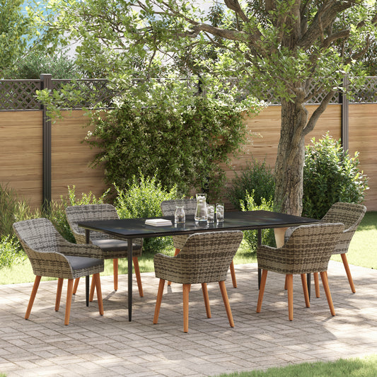HKH Conjunto de Jantar de Jardim de 7 Peças em Cinza e Rattan - Cinzento