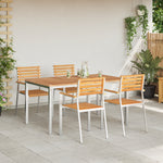 Conjunto de Jantar de Jardim HKH de 5 Peças Madeira Sólida de Teca, Mesa de Jantar Ao Ar Livre HKH 150x90x75 Cm Madeira Sólida de Teca, Cadeiras de Jardim Empilháveis HKH 4 Pcs Madeira Sólida de Teca e Aço - Castanho