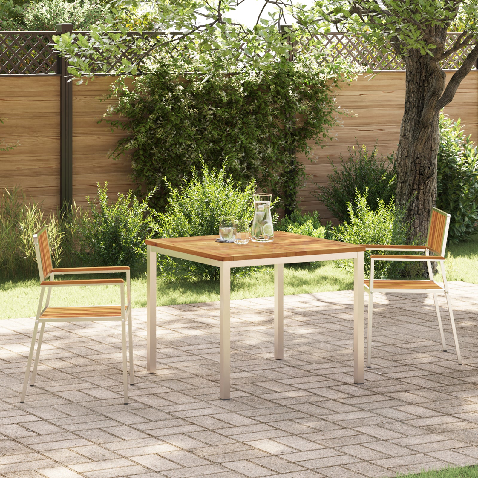 Conjunto de Jantar de Jardim HKH 3 Peças de Madeira Acácia Sólida, Mesa de Jantar Externa HKH 90x90x74.5 Cm Madeira Acácia Sólida, Cadeiras de Jardim Empilháveis HKH 2 Pcs Madeira Acácia Sólida e Metal - Castanho