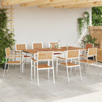 Conjunto de Jantar de Jardim HKH de 9 Peças de Madeira Maciça de Teca, Mesa de Jantar Externa HKH 200x90x74,5 Cm de Madeira Maciça de Teca, Cadeiras de Jardim Empilháveis HKH 4 Pcs de Madeira Maciça de Teca e Metal - Branco