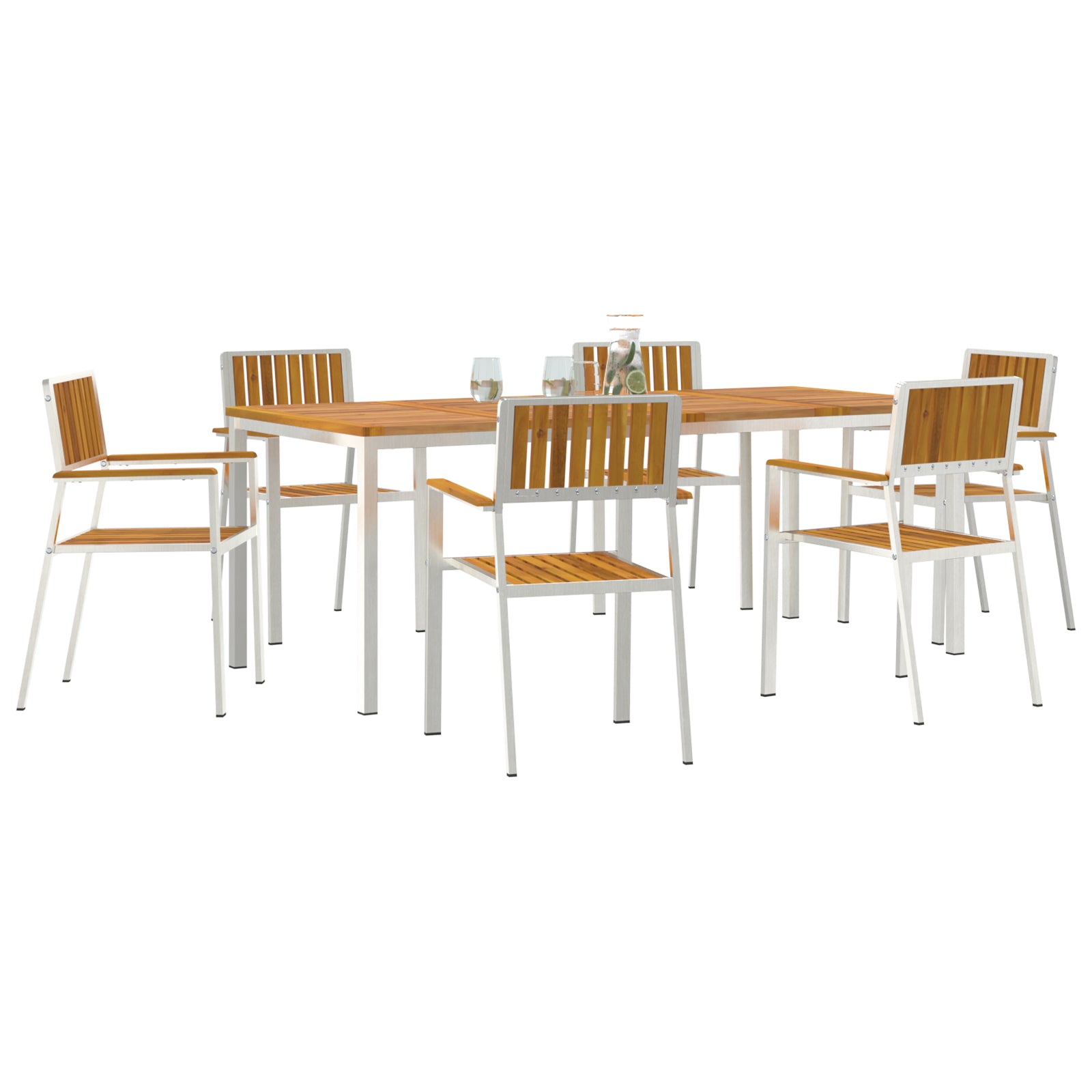 HKH Conjunto de Jantar de Jardim de 7 Peças em Madeira Maciça de Acácia com Mesa de Jantar 200x90x74.5 Cm + 2 Cadeiras Empilháveis  + 4 Cadeiras Empilháveis - Castanho