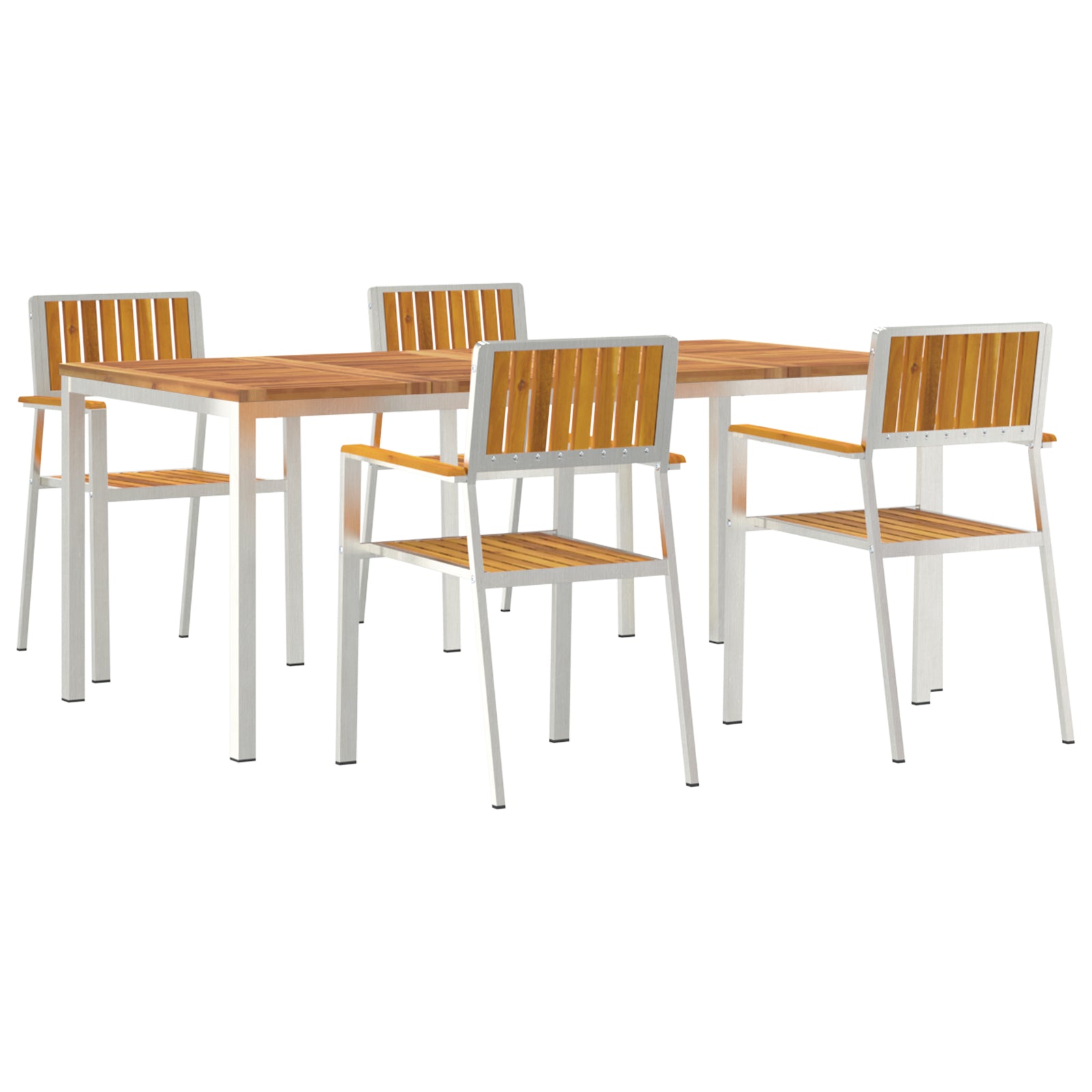 HKH Conjunto de Jantar de Jardim em Madeira Sólida de Acácia de 5 Peças, HKH Mesa de Jantar Ao Ar Livre 180x90x75 Cm em Madeira Sólida de Acácia, HKH Cadeiras de Jardim Empilháveis 4 Pcs em Madeira Sólida de Acácia e Metal - Castanho
