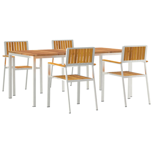 HKH Conjunto de Jantar de Jardim em Madeira Sólida de Acácia de 5 Peças, HKH Mesa de Jantar Ao Ar Livre 180x90x75 Cm em Madeira Sólida de Acácia, HKH Cadeiras de Jardim Empilháveis 4 Pcs em Madeira Sólida de Acácia e Metal - Castanho