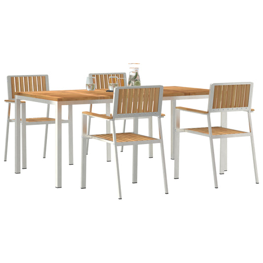 Conjunto de Jantar de Jardim HKH 5 Peças Madeira de Teca Maciça, Mesa de Jantar Ao Ar Livre HKH 180x90x75 Cm Madeira de Teca Maciça, Cadeiras Empilháveis de Jardim HKH 4 Pcs Madeira de Teca Maciça e Metal - Castanho