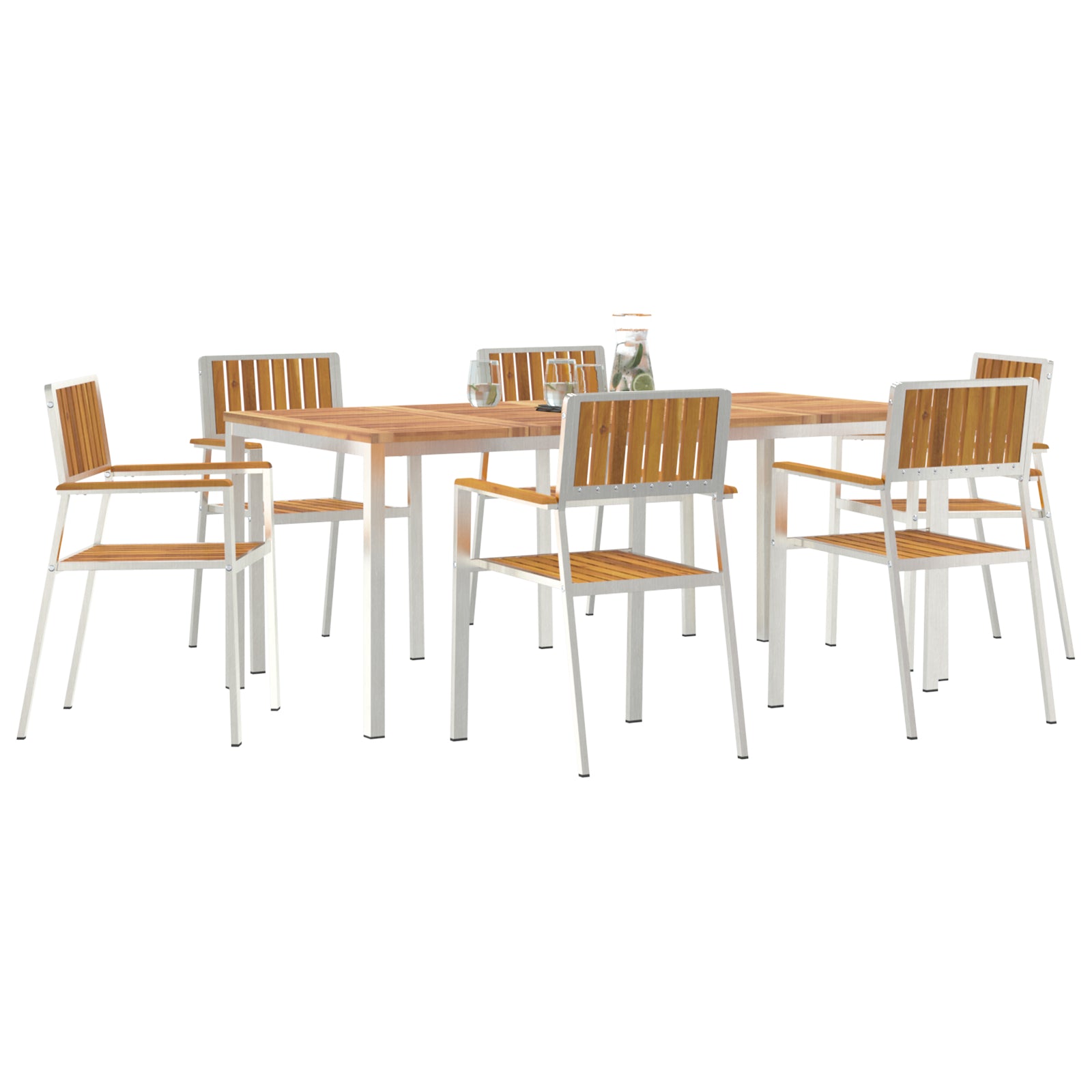 HKH Conjunto de Jantar de Jardim de 7 Peças em Madeira de Acácia com Mesa de Jantar 180x90x75 Cm + 2 Cadeiras Empilháveis + 4 Cadeiras Empilháveis - Castanho