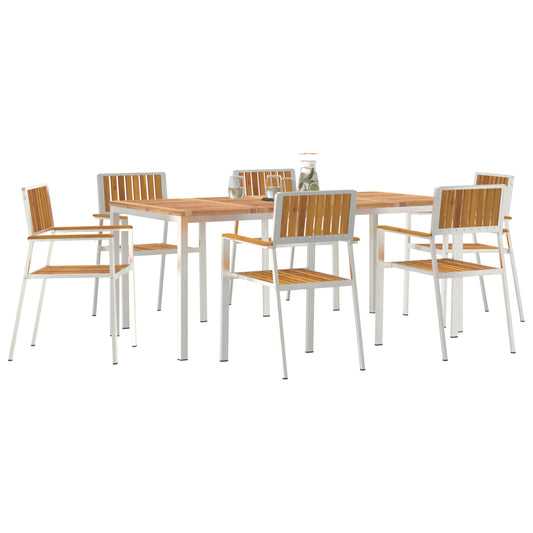 HKH Conjunto de Jantar de Jardim de 7 Peças em Madeira de Acácia com Mesa de Jantar 180x90x75 Cm + 2 Cadeiras Empilháveis + 4 Cadeiras Empilháveis - Castanho