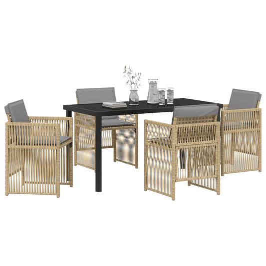 Conjunto de Jantar para Jardim HKH de 5 Peças com Almofadas em Rattan Poly , Mesa de Jardim HKH em Preto 140x80x73 Cm com Vidro Temperado - Bege