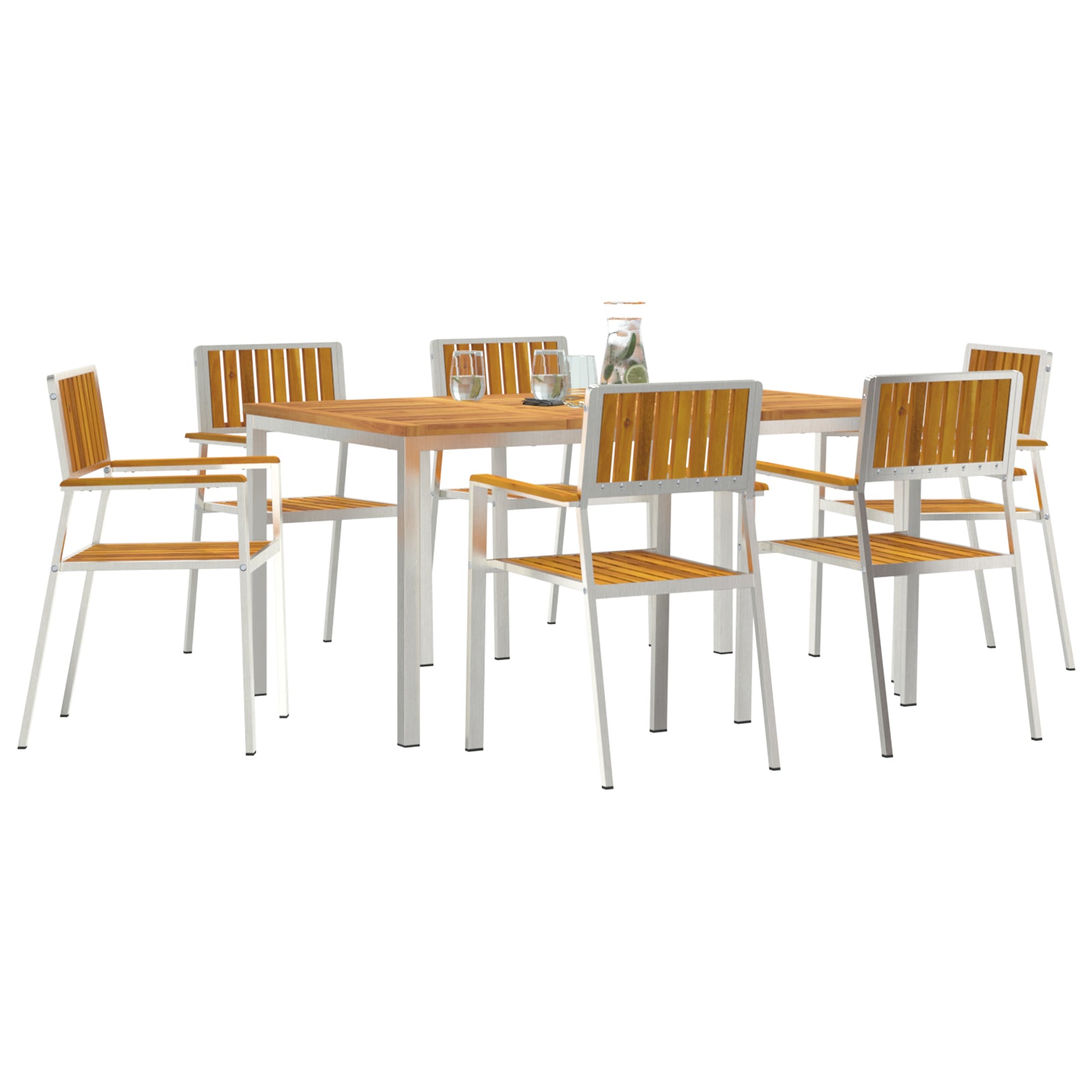 HKH Conjunto de Jantar de Jardim de 7 Peças em Madeira Sólida de Acácia com Mesa de Jantar 150x90x75 Cm + 2 Cadeiras Empilháveis + 4 Cadeiras Empilháveis - Castanho