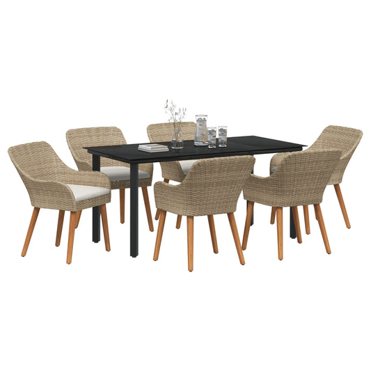 HKH Conjunto de Jantar de Jardim de 7 Peças Rattan Poly - Bege