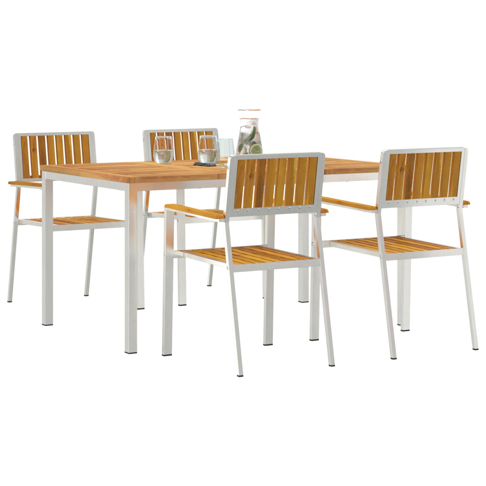 Conjunto de Jantar de 5 Peças de Jardim HKH em Madeira de Acácia, Mesa de Jantar Externa HKH 150x90x75 Cm em Madeira de Acácia, Cadeiras de Jardim Empilháveis HKH 4 Pcs em Madeira de Acácia e Metal - Castanho