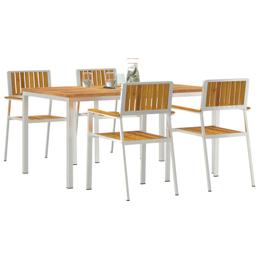 Conjunto de Jantar de 5 Peças de Jardim HKH em Madeira de Acácia, Mesa de Jantar Externa HKH 150x90x75 Cm em Madeira de Acácia, Cadeiras de Jardim Empilháveis HKH 4 Pcs em Madeira de Acácia e Metal - Castanho